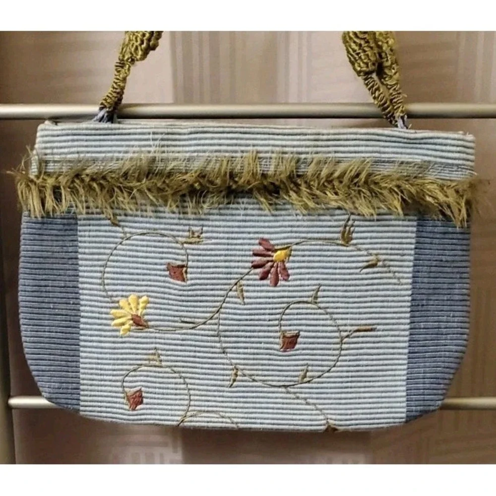 Blue Floral Embroidered Tote Bag Purse 12